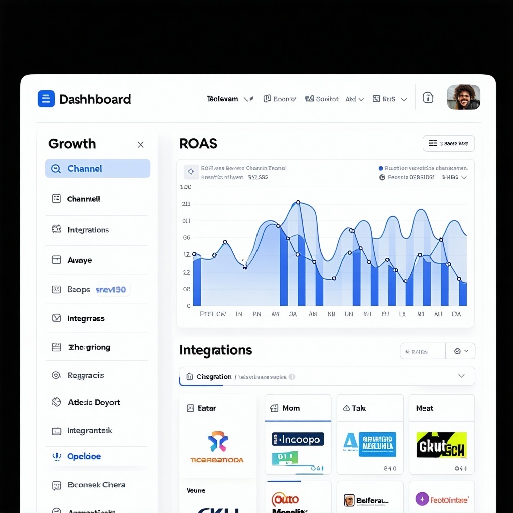 digital media dashboard showing ROAS growth graph integrations and other channel details relevant to growth-1
